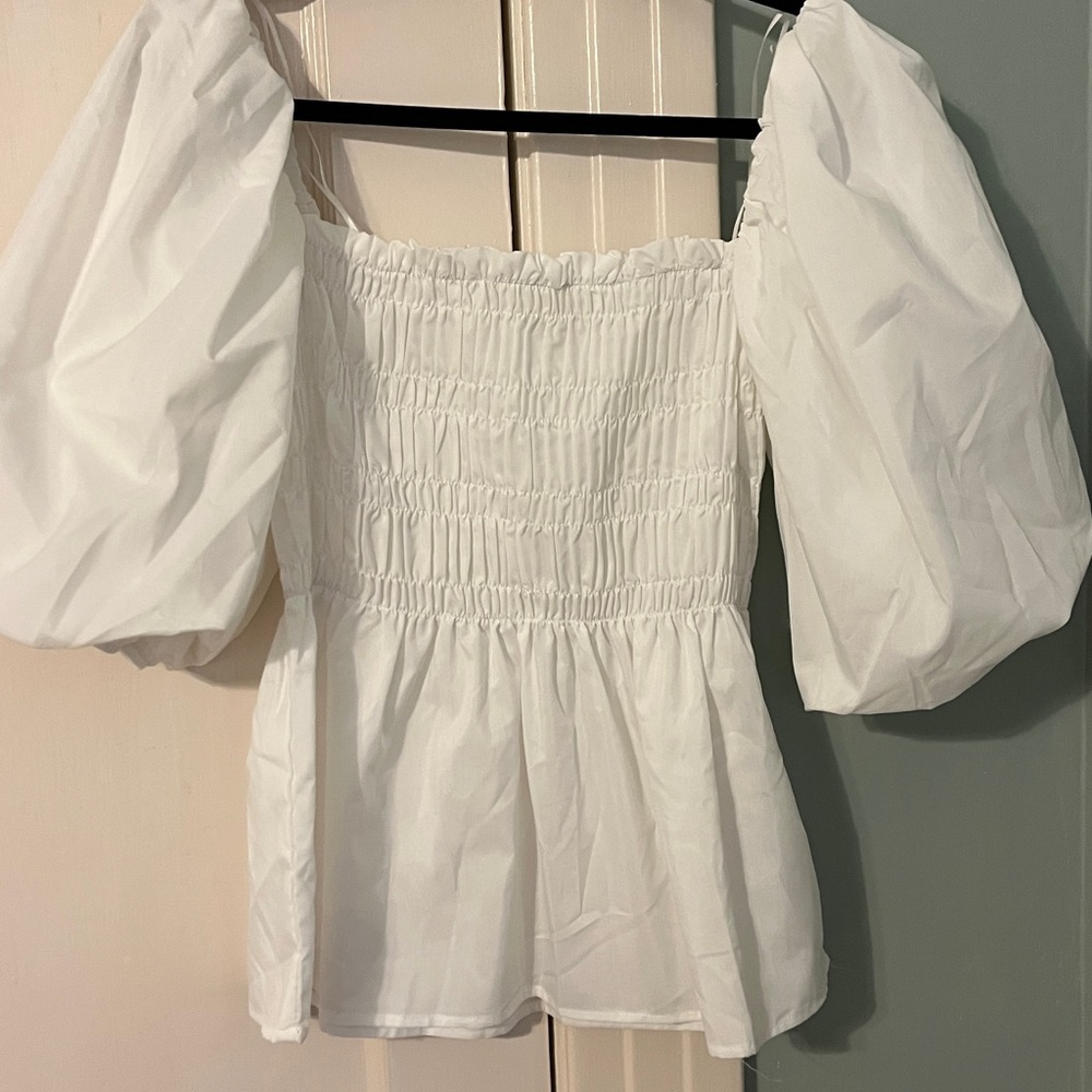 White Puff Sleeve Smocked Top